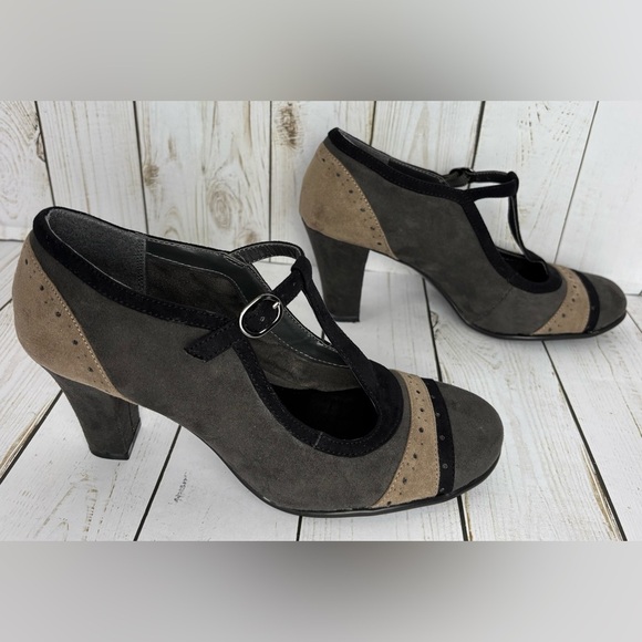 Aerosoles Suede Maryjane Prologue Gray Black Brown Size 8.5 Retro Stacked Heel - Picture 4 of 9